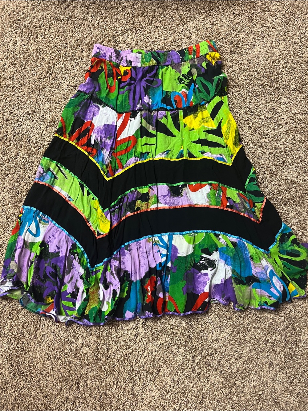 Multiples Multicolor Floral A-Line Tiered Skirt with Black Bands